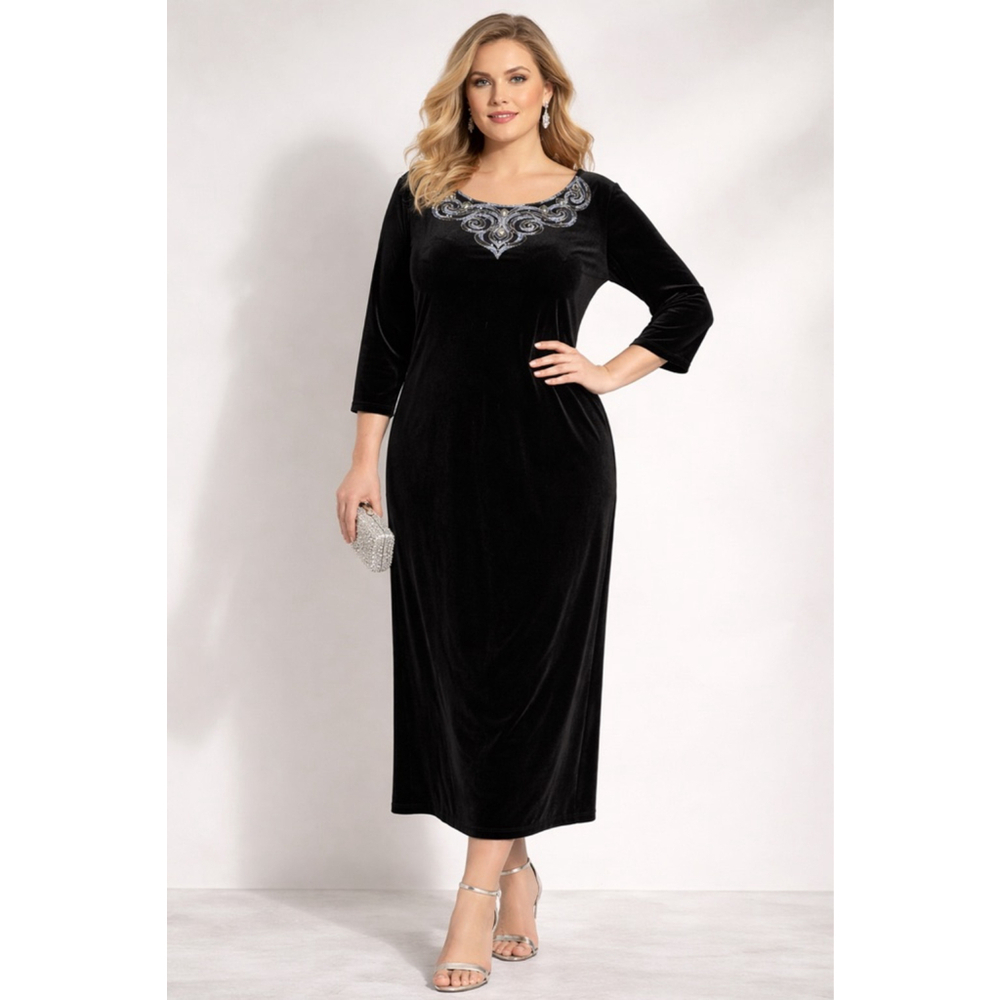 Bob Mackie Wearable Art Black Velvet Embellished Midi Dress 1X Evening Formal